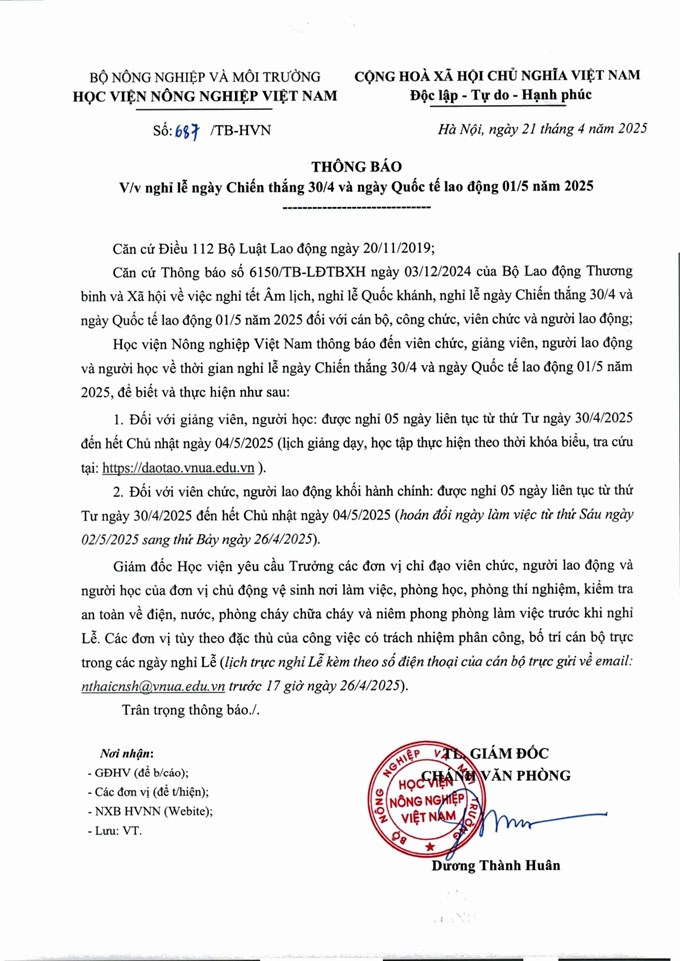 Thông báo nghỉ lễ ngày Chiến thắng 30/4 và ngày Quốc tế lao động 01/5 năm 2025