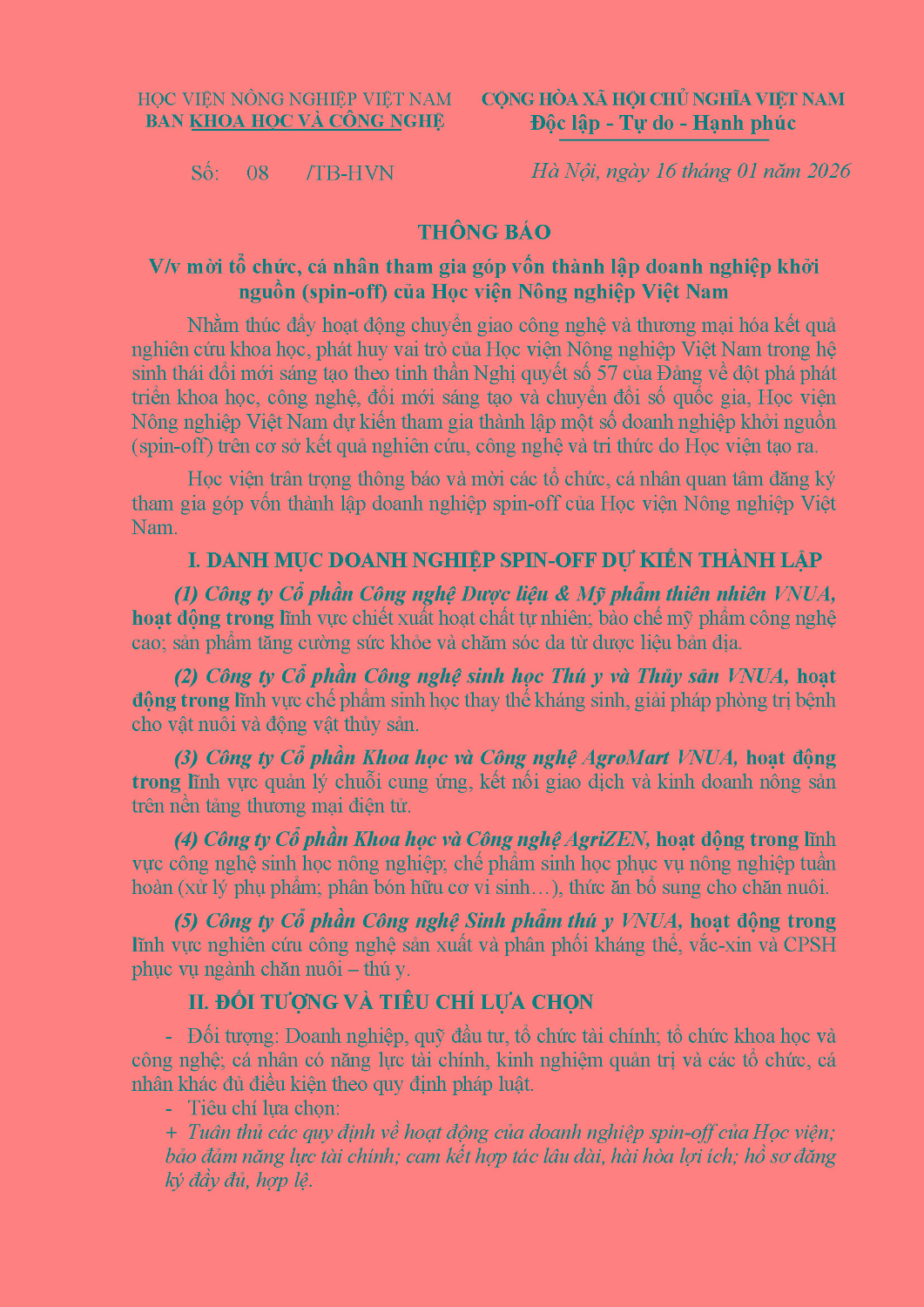 Thông báo mời tổ chức, cá nhân tham gia góp vốn thành lập doanh nghiệp khởi nguồn (spin-off) của Học viện Nông nghiệp Việt Nam